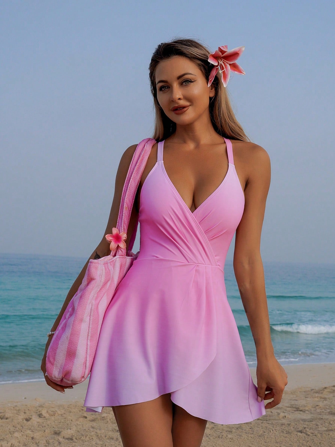 Swim Vcay 1pc Women's Solid Color Spaghetti Strap One-Piece Swimsuit, Fashionable For Summer