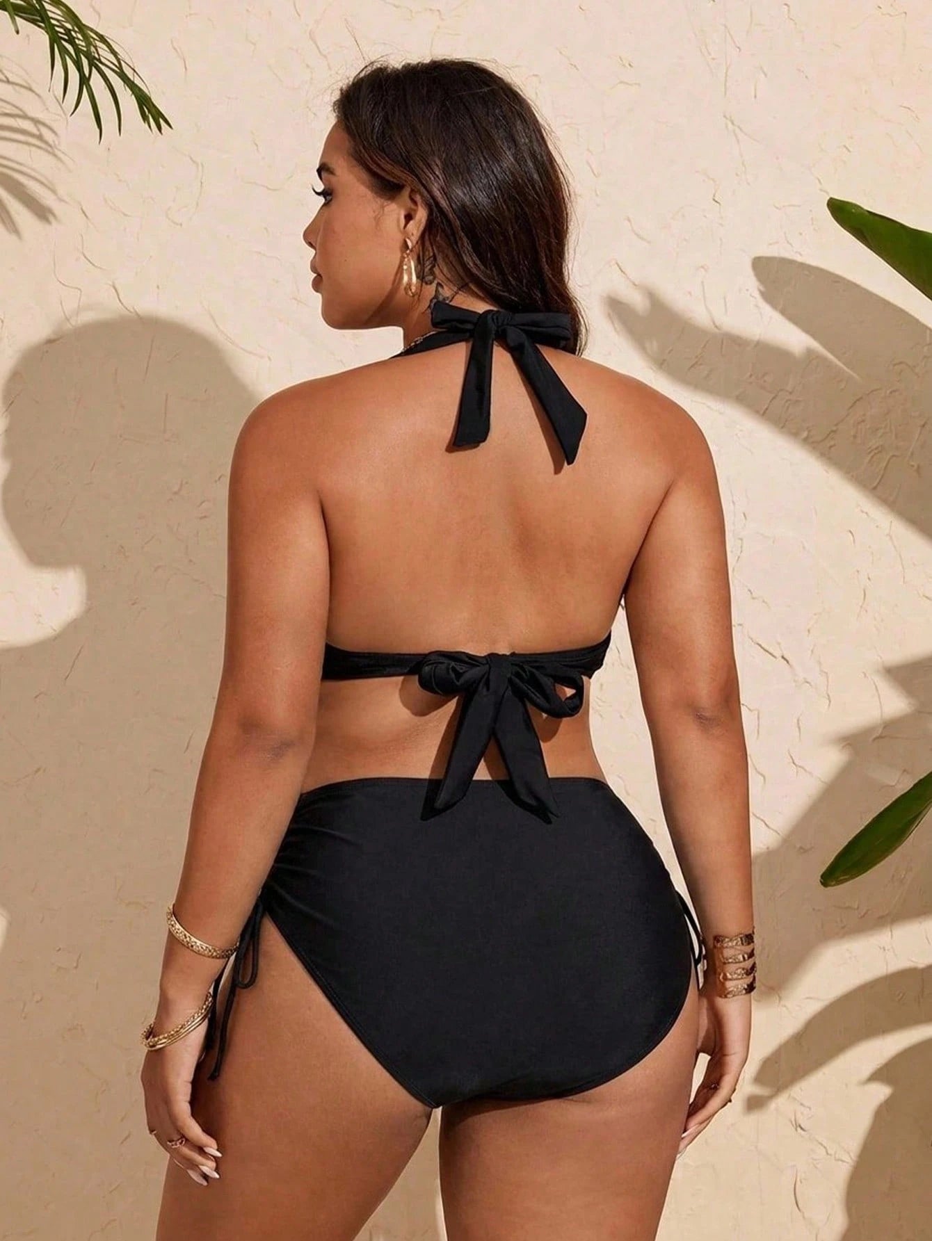 Swim Vcay 2025 New Plus Size Halter Tie Tropical Leaf Print Sexy Criss-Cross Drawstring Bikini Set, Summer Beach Vacation, European And American White