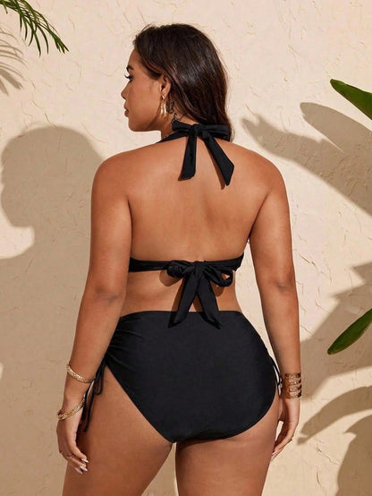 Swim Vcay 2025 New Plus Size Halter Tie Tropical Leaf Print Sexy Criss-Cross Drawstring Bikini Set, Summer Beach Vacation, European And American White