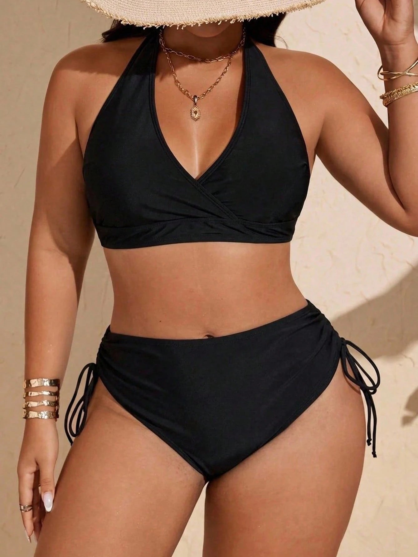 Swim Vcay 2025 New Plus Size Halter Tie Tropical Leaf Print Sexy Criss-Cross Drawstring Bikini Set, Summer Beach Vacation, European And American White