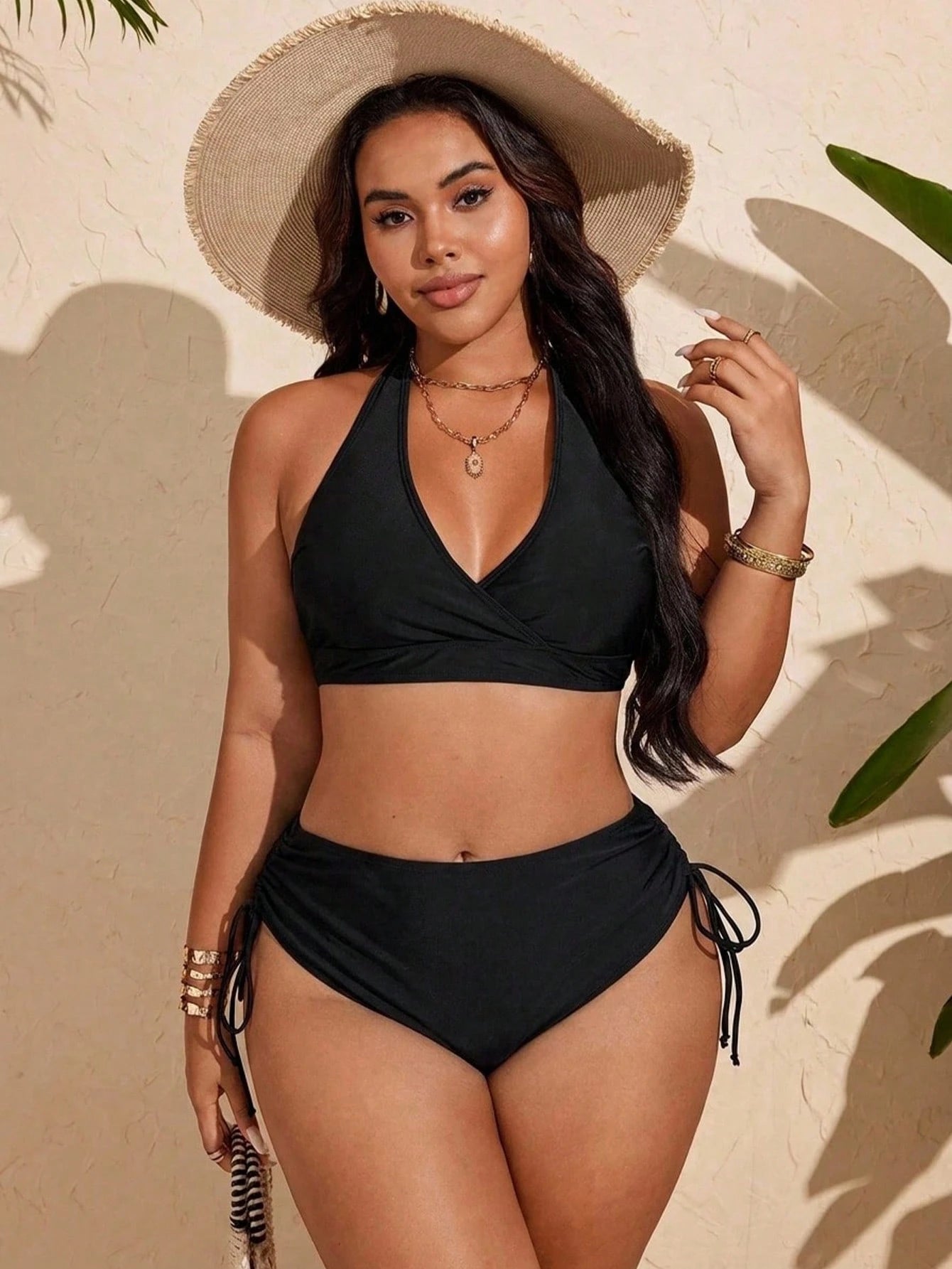 Swim Vcay 2025 New Plus Size Halter Tie Tropical Leaf Print Sexy Criss-Cross Drawstring Bikini Set, Summer Beach Vacation, European And American White