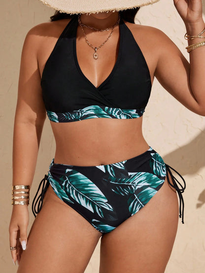 Swim Vcay 2025 New Plus Size Halter Tie Tropical Leaf Print Sexy Criss-Cross Drawstring Bikini Set, Summer Beach Vacation, European And American White