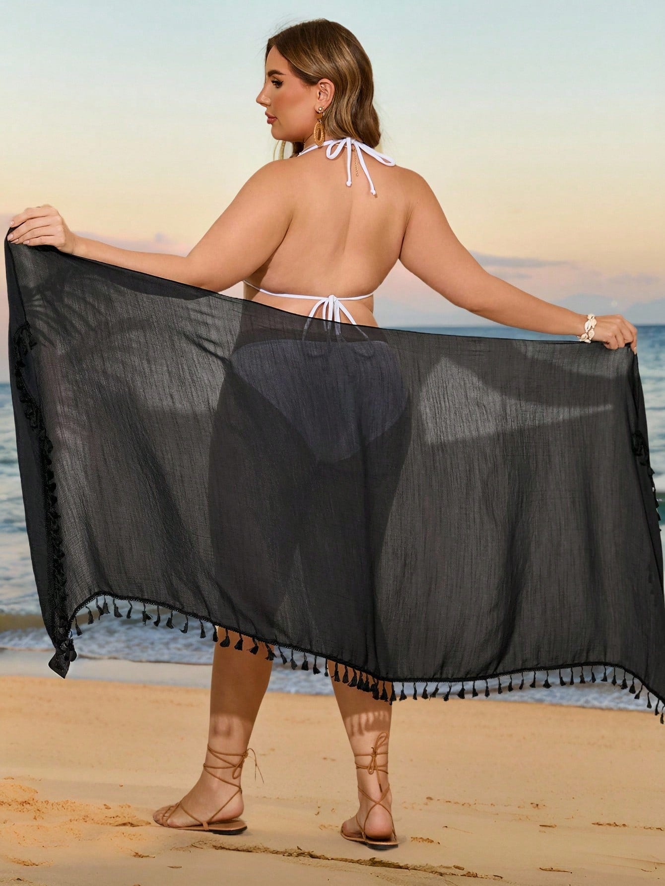 Swim Vcay 2026 New Model Plus Size Floral Tassel Trim Beach Shawl Cover Up