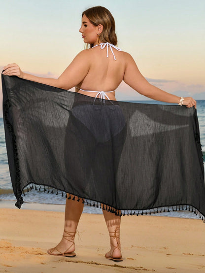 Swim Vcay 2026 New Model Plus Size Floral Tassel Trim Beach Shawl Cover Up