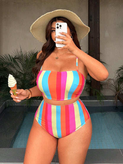 Swim Vcay 2026 New Plus Size Vcay Rainbow Striped Fashionable Swimwear Set, Summer Beach Vacation Lovely Bikini Women, Cross-Border European And American Style
