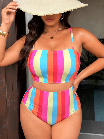 Swim Vcay 2026 New Plus Size Vcay Rainbow Striped Fashionable Swimwear Set, Summer Beach Vacation Lovely Bikini Women, Cross-Border European And American Style