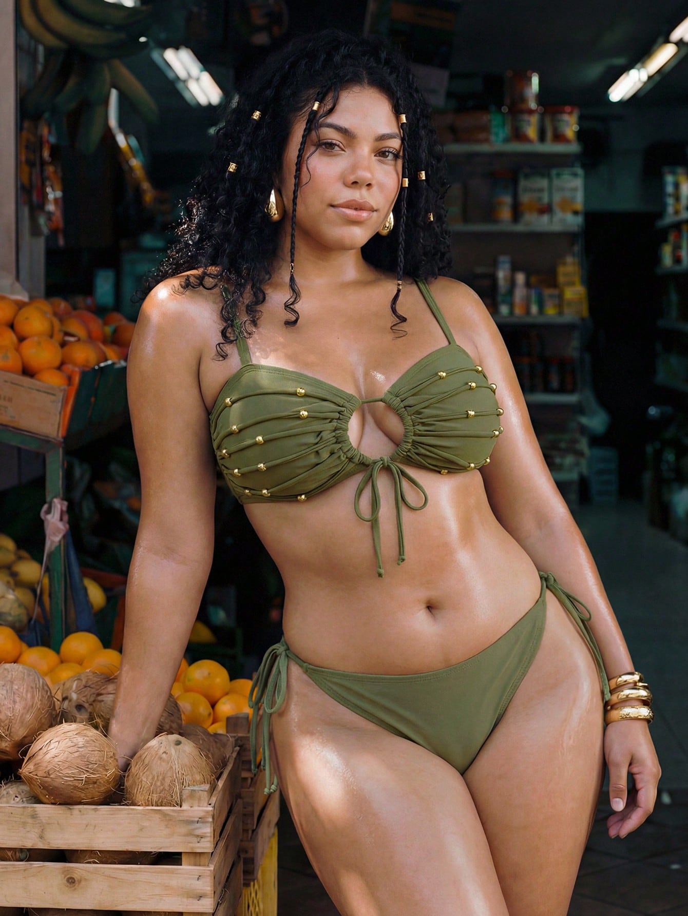 Swim Vcay 2026 New Summer Beach Vacation Plus Size Swimwear Top, Sexy Green Backless Swim Mod Swimwear Top, Spring/Summer