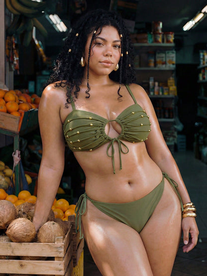 Swim Vcay 2026 New Summer Beach Vacation Plus Size Swimwear Top, Sexy Green Backless Swim Mod Swimwear Top, Spring/Summer
