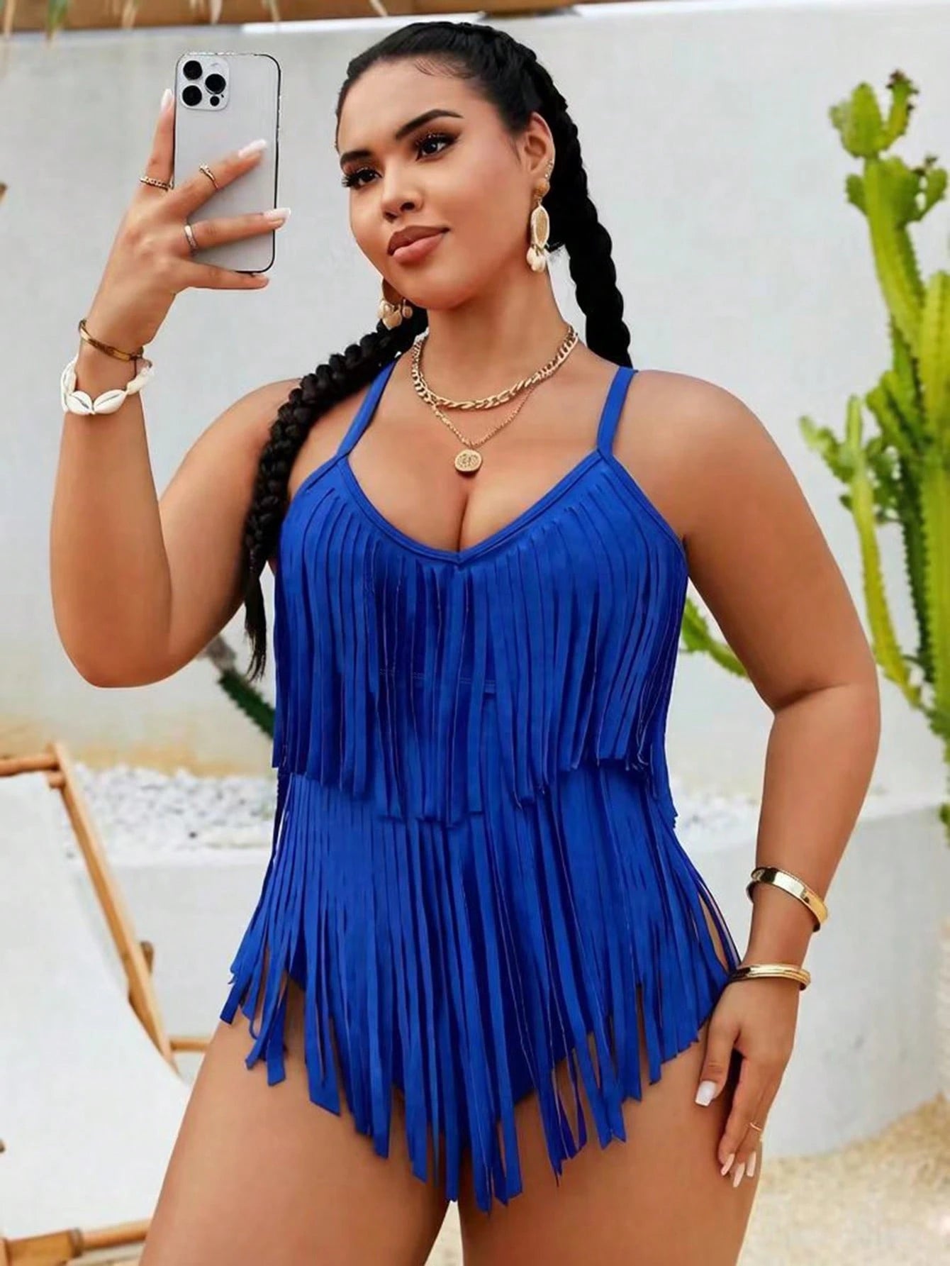 Swim Vcay 2026 New Summer Beach Vacation Solid Color Music Festival Party Fringe Plus Size One-Piece