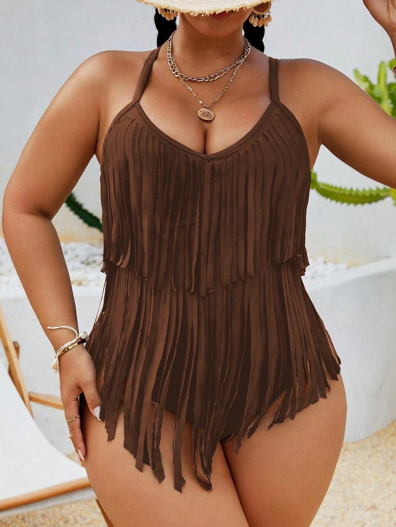 Swim Vcay 2026 New Summer Beach Vacation Solid Color Music Festival Party Fringe Plus Size One-Piece