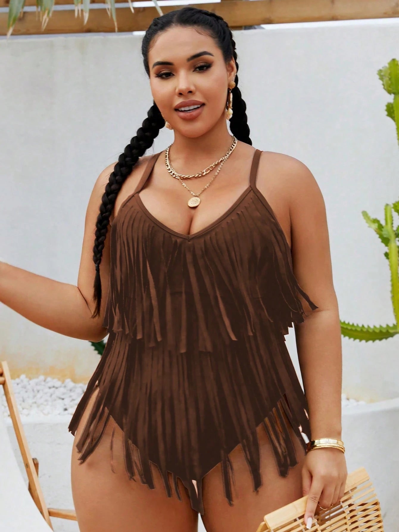 Swim Vcay 2026 New Summer Beach Vacation Solid Color Music Festival Party Fringe Plus Size One-Piece