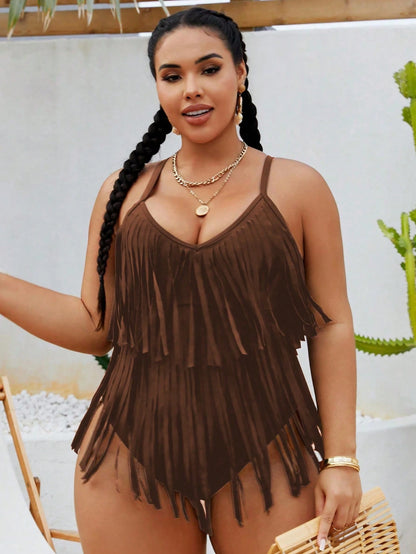 Swim Vcay 2026 New Summer Beach Vacation Solid Color Music Festival Party Fringe Plus Size One-Piece
