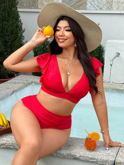 Swim Vcay 2026 Spring & Summer Plus Size Women's New Year Red Deep V-Neck Ruffled Sexy Top Paired With Regular Triangle Bottoms, Beach & Pool Party Swimwear Set