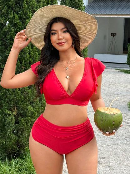 Swim Vcay 2026 Spring & Summer Plus Size Women's New Year Red Deep V-Neck Ruffled Sexy Top Paired With Regular Triangle Bottoms, Beach & Pool Party Swimwear Set