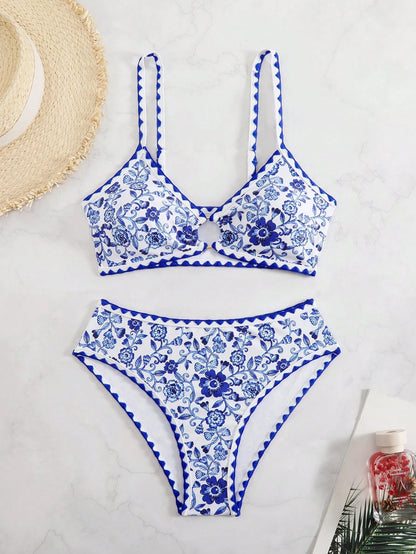 Swim Vcay 2pcs Women Bohemian Vacation Blue & White Paisley Print Lace Trim Sexy Circle Ring High Waisted Bikini Swimsuit Set For Summer