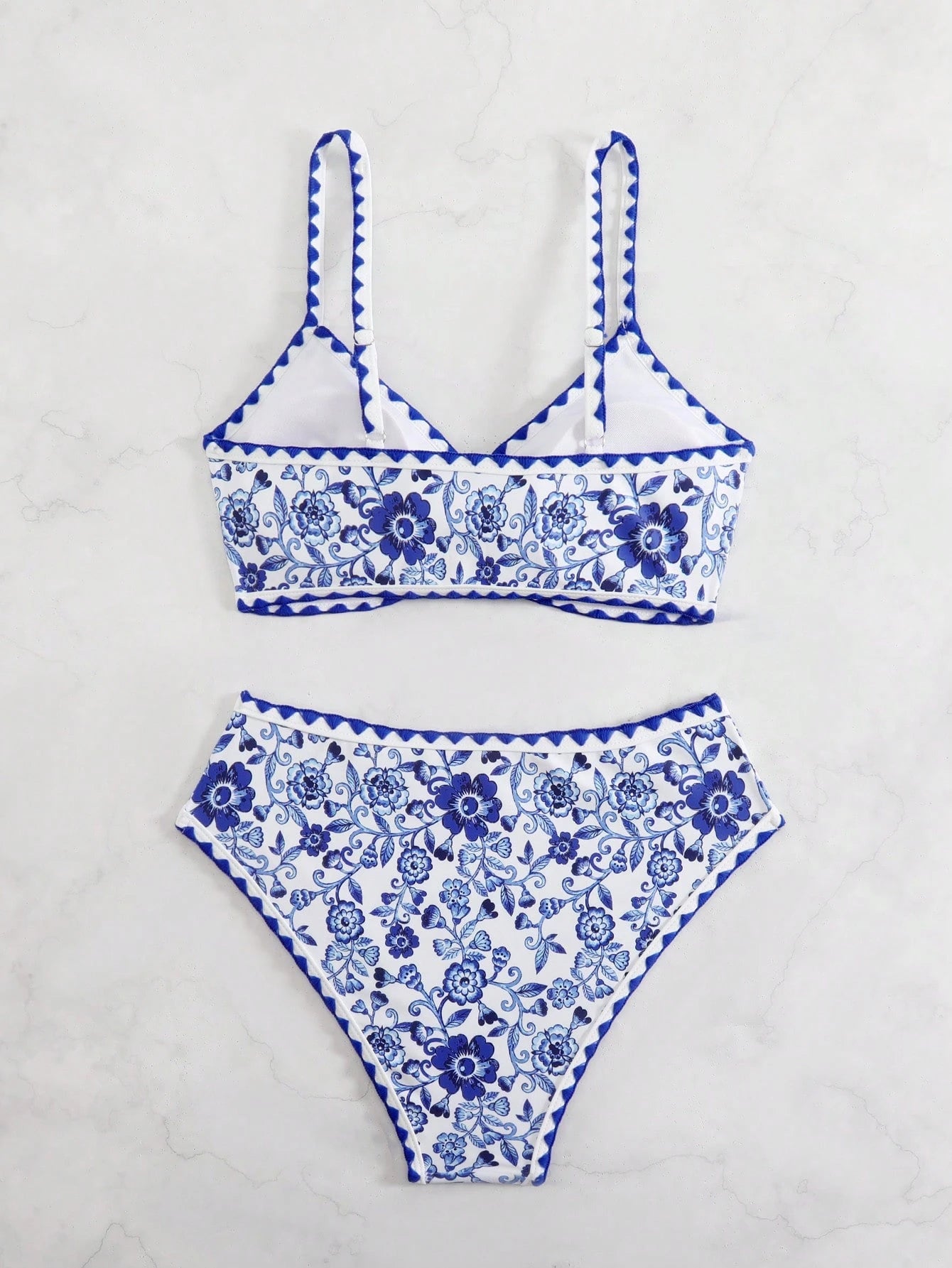 Swim Vcay 2pcs Women Bohemian Vacation Blue & White Paisley Print Lace Trim Sexy Circle Ring High Waisted Bikini Swimsuit Set For Summer