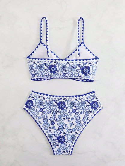 Swim Vcay 2pcs Women Bohemian Vacation Blue & White Paisley Print Lace Trim Sexy Circle Ring High Waisted Bikini Swimsuit Set For Summer