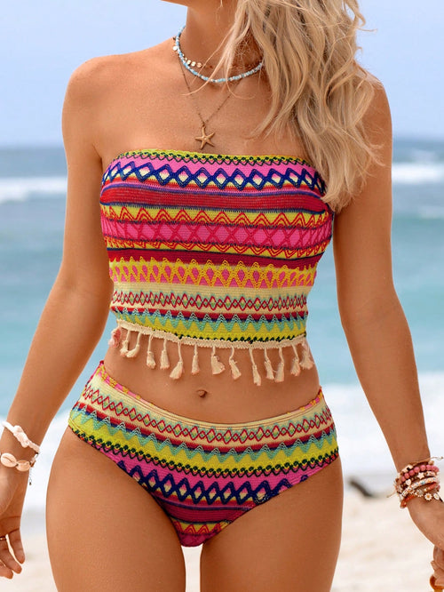Swim Vcay 2pcs Women's Vest Camisole Bikini Set, Colorful Striped Textured Fabric, Bohemian Fringe Decor, Beach Resort Style, Suitable For Swimming Pool, Beach