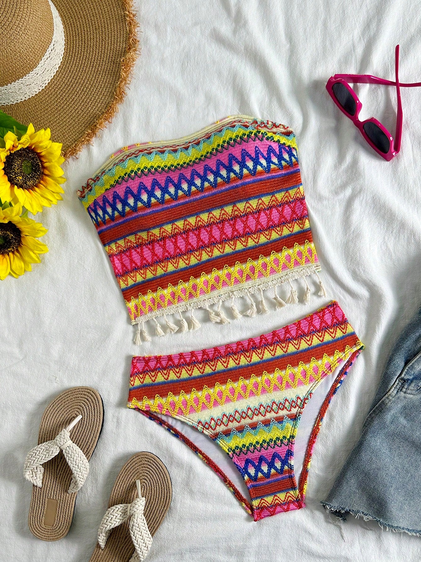 Swim Vcay 2pcs Women's Vest Camisole Bikini Set, Colorful Striped Textured Fabric, Bohemian Fringe Decor, Beach Resort Style, Suitable For Swimming Pool, Beach