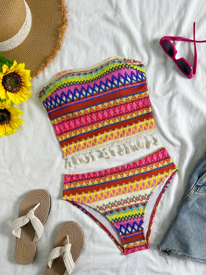Swim Vcay 2pcs Women's Vest Camisole Bikini Set, Colorful Striped Textured Fabric, Bohemian Fringe Decor, Beach Resort Style, Suitable For Swimming Pool, Beach
