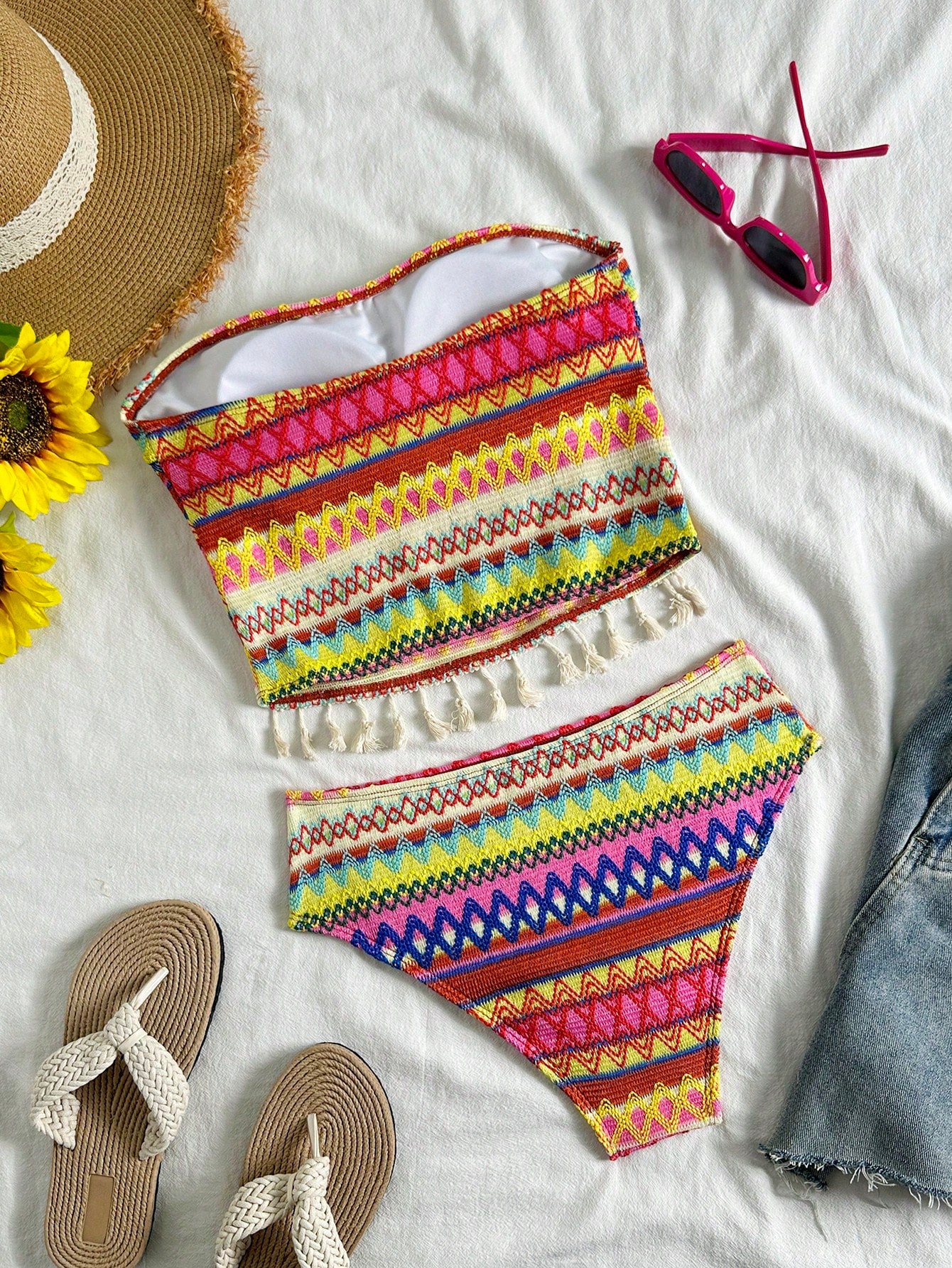 Swim Vcay 2pcs Women's Vest Camisole Bikini Set, Colorful Striped Textured Fabric, Bohemian Fringe Decor, Beach Resort Style, Suitable For Swimming Pool, Beach