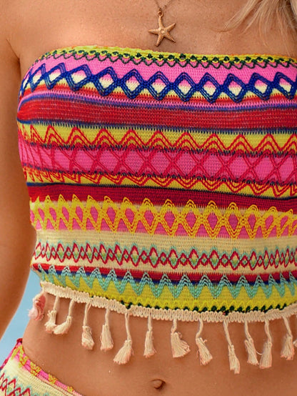 Swim Vcay 2pcs Women's Vest Camisole Bikini Set, Colorful Striped Textured Fabric, Bohemian Fringe Decor, Beach Resort Style, Suitable For Swimming Pool, Beach