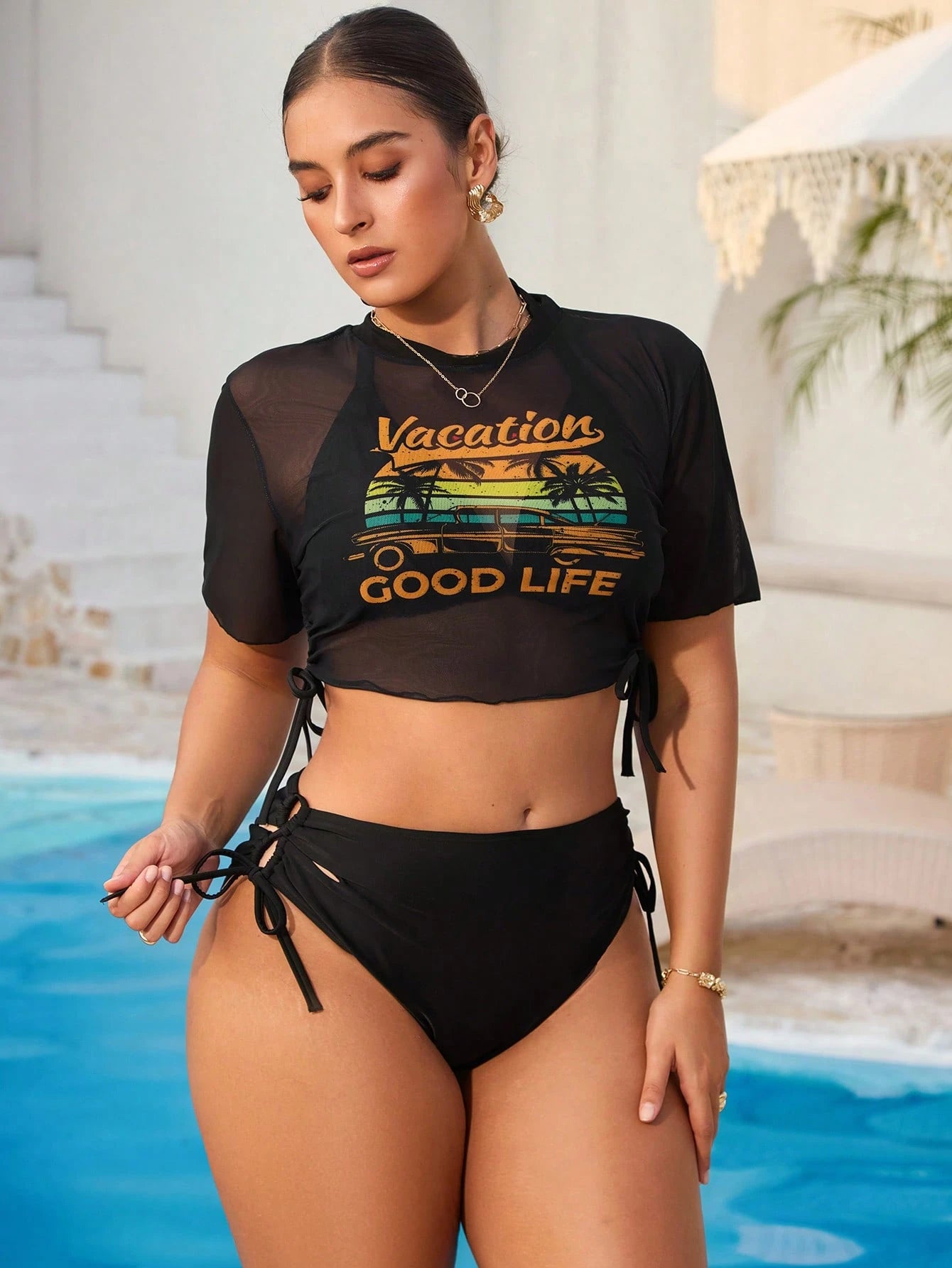 Swim Vcay 3pcs Plus Size Women Tropical Plant Print Cover-Up With Ladies Tank Top & Bikini Beach Swimsuit Set, Vacation/Leisure Fashion For Summer