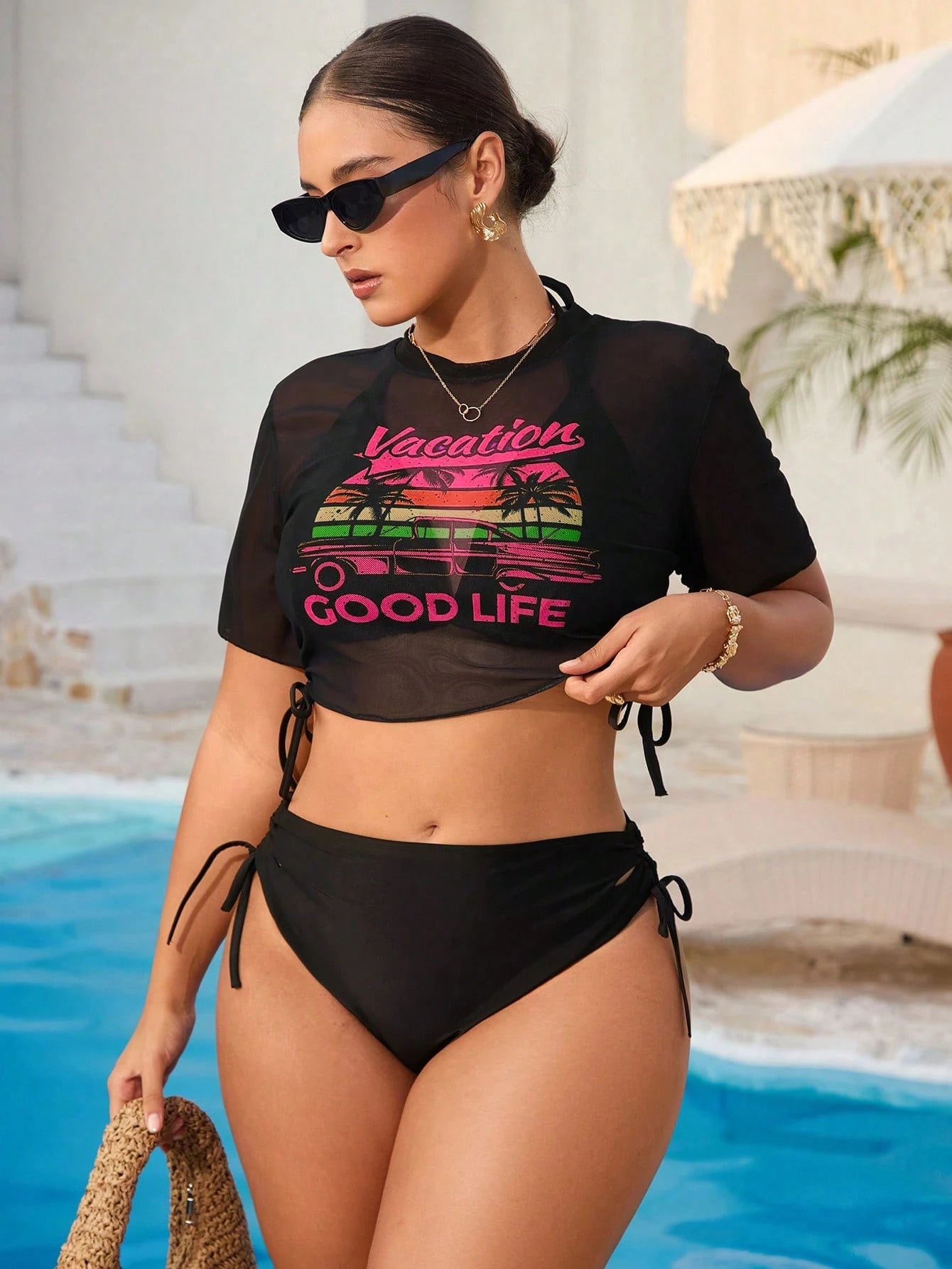 Swim Vcay 3pcs Plus Size Women Tropical Plant Print Cover-Up With Ladies Tank Top & Bikini Beach Swimsuit Set, Vacation/Leisure Fashion For Summer