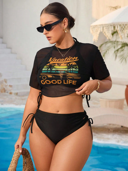 Swim Vcay 3pcs Plus Size Women Tropical Plant Print Cover-Up With Ladies Tank Top & Bikini Beach Swimsuit Set, Vacation/Leisure Fashion For Summer