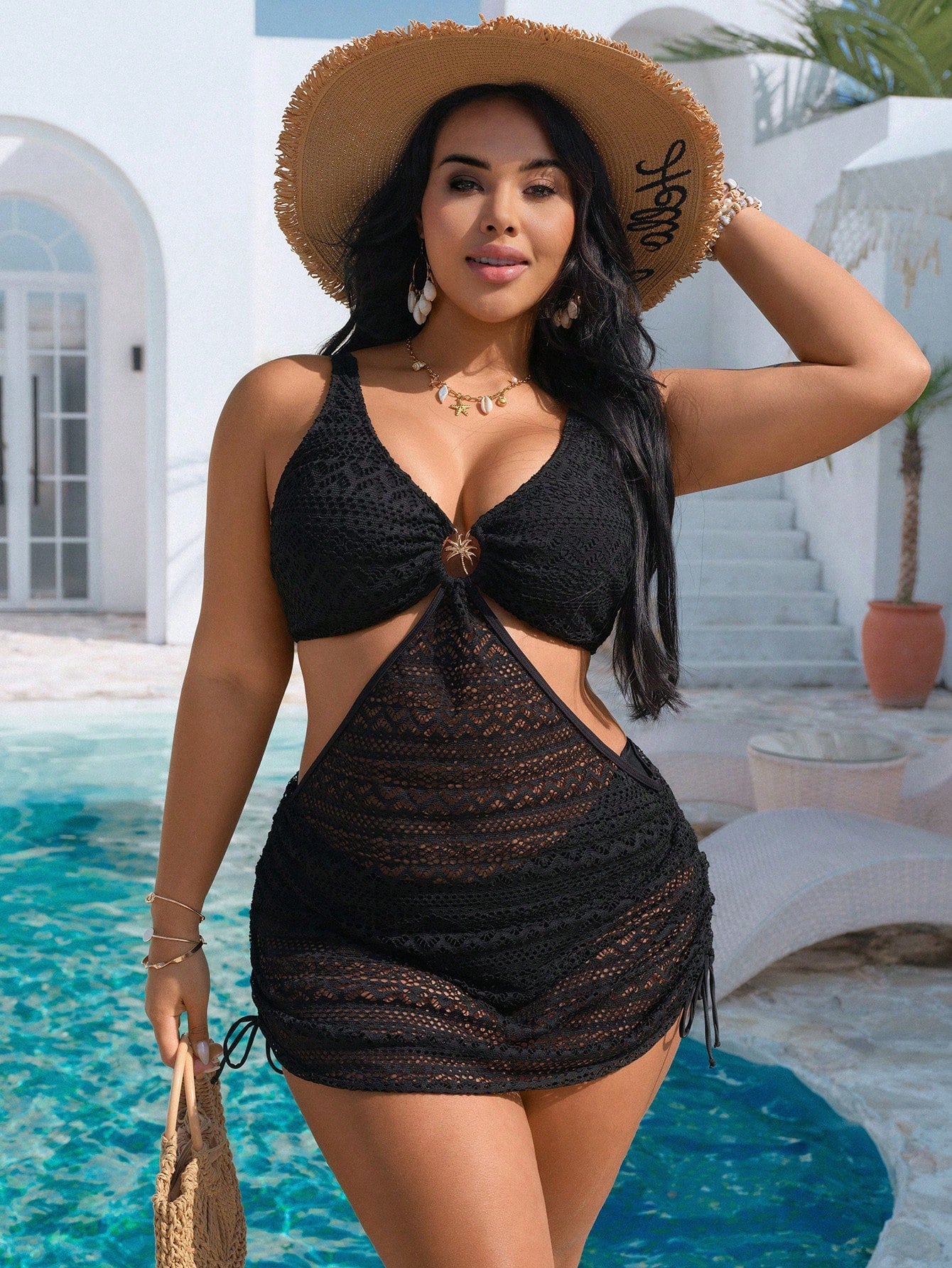Swim Vcay Plus Size Black V-Neck Swimsuit With Metal Accessories,Knitted Jacquard Cover-Up Skirt,High-Waisted Bikini,Summer Beach Vacation Holiday Swimwear