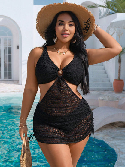 Swim Vcay Plus Size Black V-Neck Swimsuit With Metal Accessories,Knitted Jacquard Cover-Up Skirt,High-Waisted Bikini,Summer Beach Vacation Holiday Swimwear