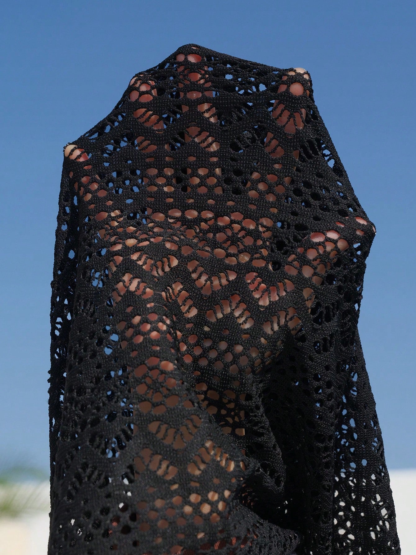 Swim Vcay Plus Size Black V-Neck Swimsuit With Metal Accessories,Knitted Jacquard Cover-Up Skirt,High-Waisted Bikini,Summer Beach Vacation Holiday Swimwear