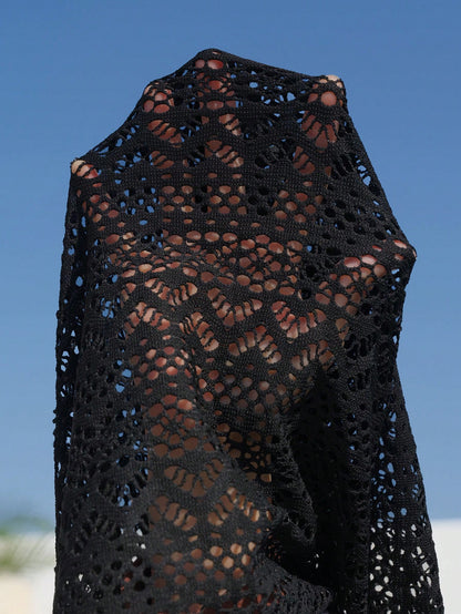 Swim Vcay Plus Size Black V-Neck Swimsuit With Metal Accessories,Knitted Jacquard Cover-Up Skirt,High-Waisted Bikini,Summer Beach Vacation Holiday Swimwear