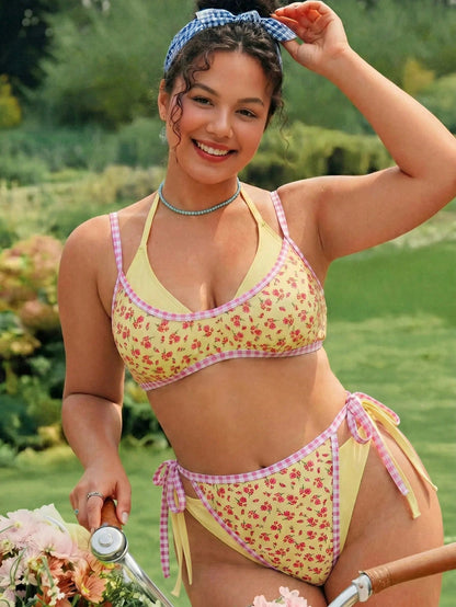Swim Vcay Plus Size Summer Beach Sweet Cute Print Tie-Up Bikini Set Yellow Sexy