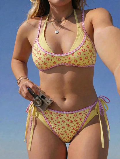 Swim Vcay Plus Size Summer Beach Sweet Cute Print Tie-Up Bikini Set Yellow Sexy