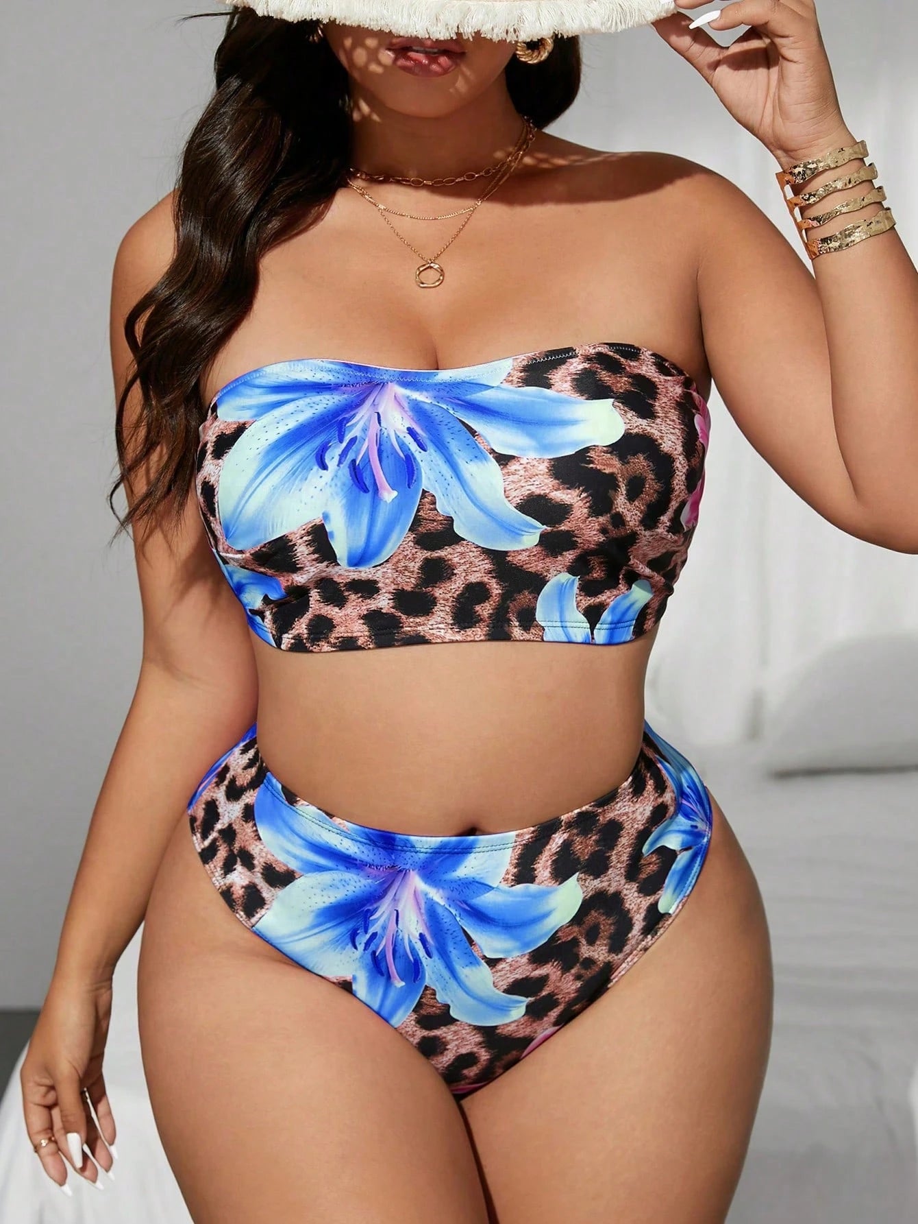 Swim Vcay Plus Size Women Leopard & Tropical Floral Random Print Bandeau Bikini Swimming Suit Set For Summer Beach Vacation