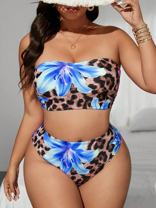 Swim Vcay Plus Size Women Leopard & Tropical Floral Random Print Bandeau Bikini Swimming Suit Set For Summer Beach Vacation