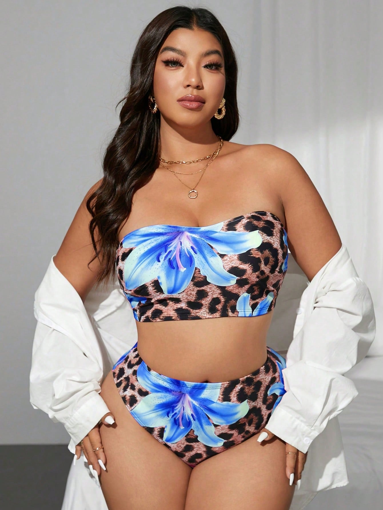 Swim Vcay Plus Size Women Leopard & Tropical Floral Random Print Bandeau Bikini Swimming Suit Set For Summer Beach Vacation