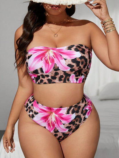 Swim Vcay Plus Size Women Leopard & Tropical Floral Random Print Bandeau Bikini Swimming Suit Set For Summer Beach Vacation