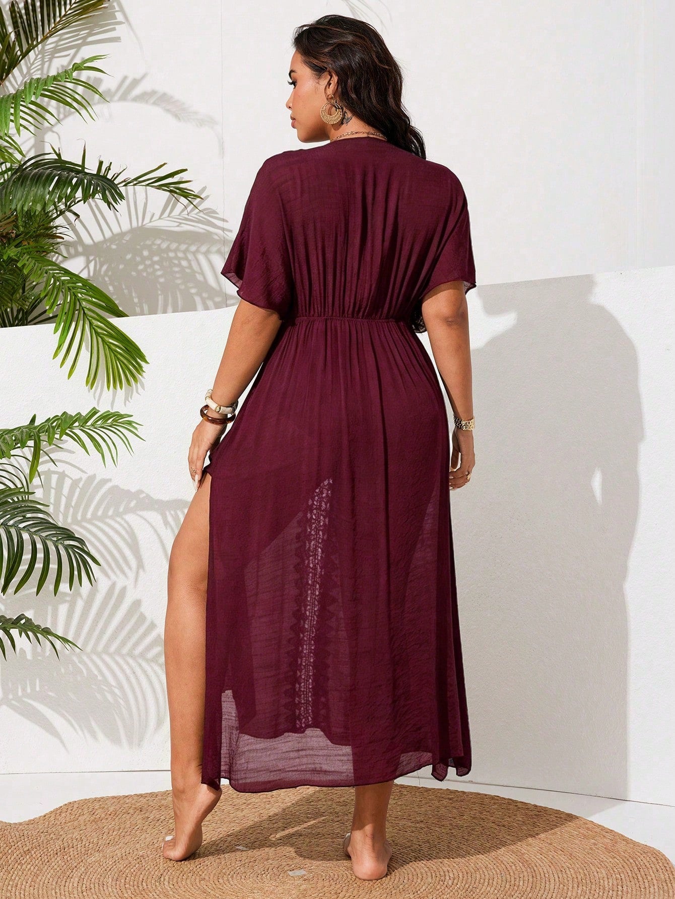 Swim Vcay Plus Size Women's One-Piece Side Slit Lace Patchwork Sexy Casual Vacation Beach Dress