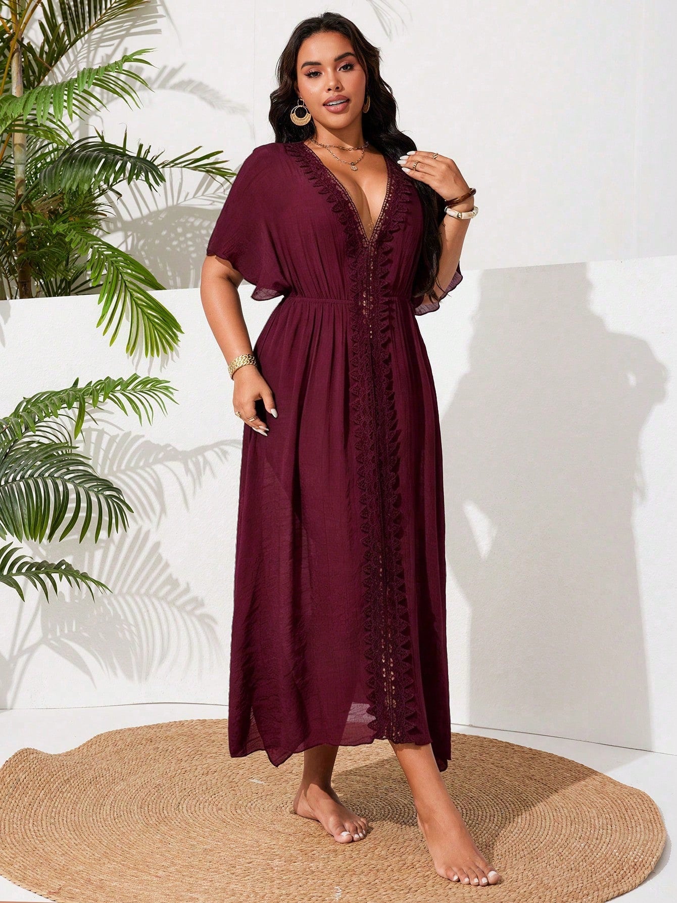 Swim Vcay Plus Size Women's One-Piece Side Slit Lace Patchwork Sexy Casual Vacation Beach Dress