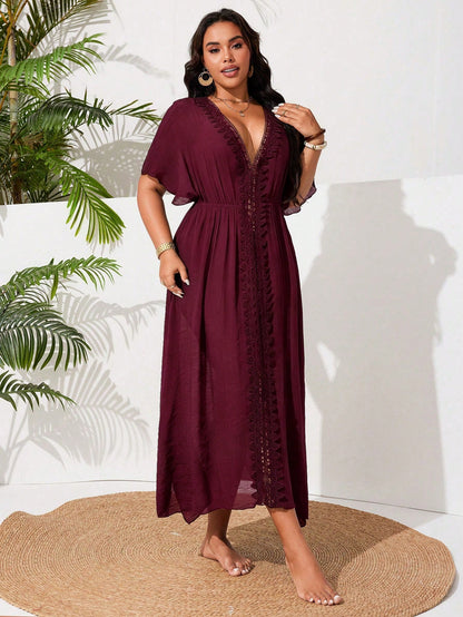 Swim Vcay Plus Size Women's One-Piece Side Slit Lace Patchwork Sexy Casual Vacation Beach Dress