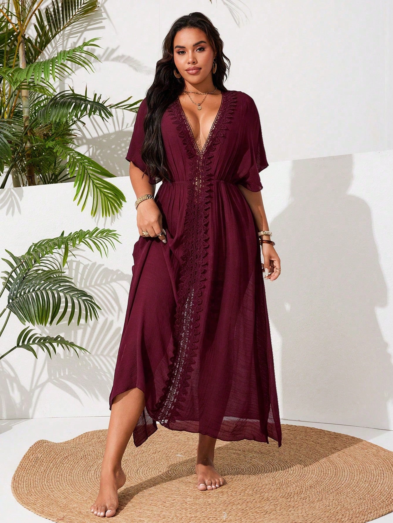 Swim Vcay Plus Size Women's One-Piece Side Slit Lace Patchwork Sexy Casual Vacation Beach Dress