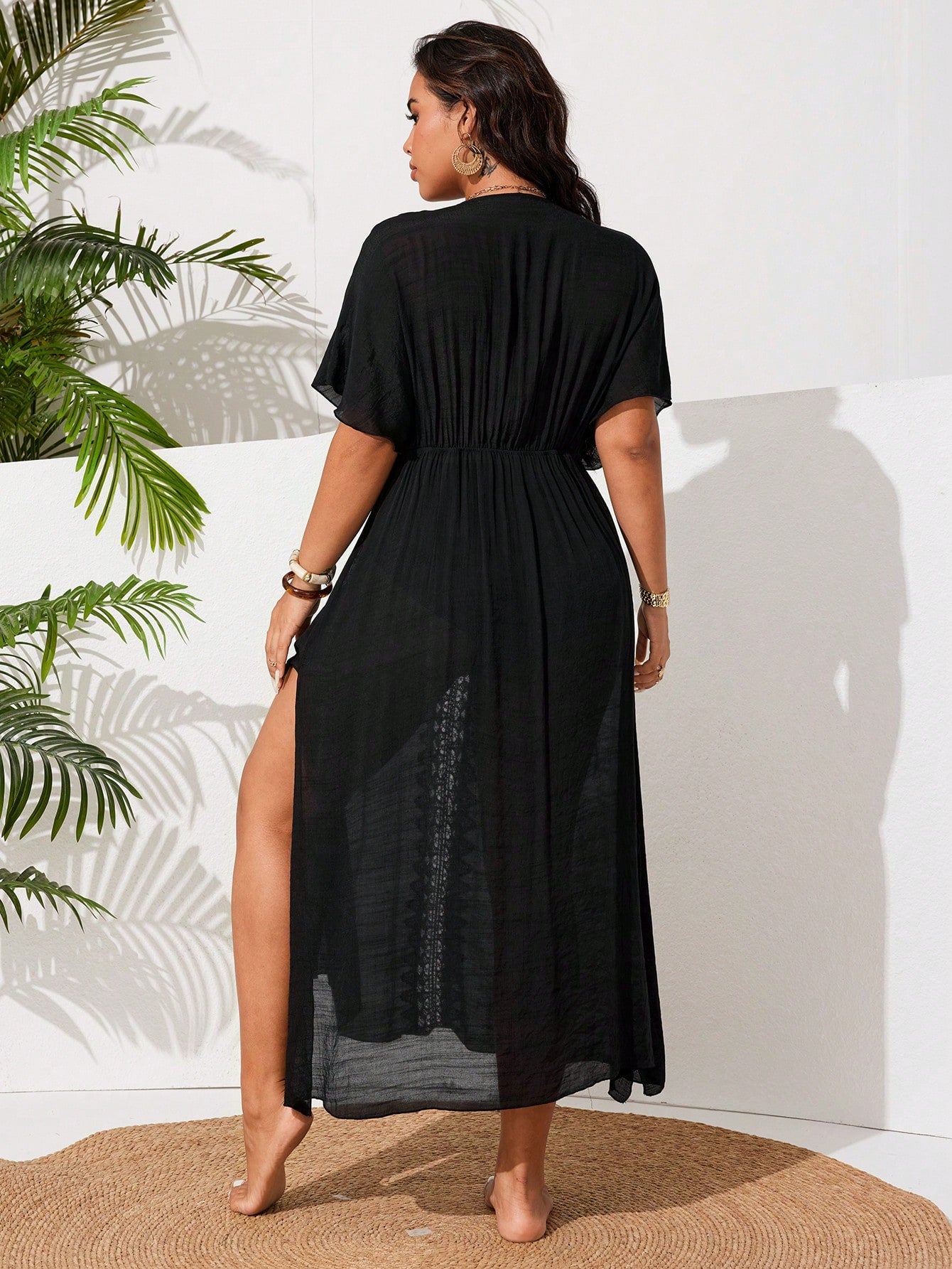 Swim Vcay Plus Size Women's One-Piece Side Slit Lace Patchwork Sexy Casual Vacation Beach Dress