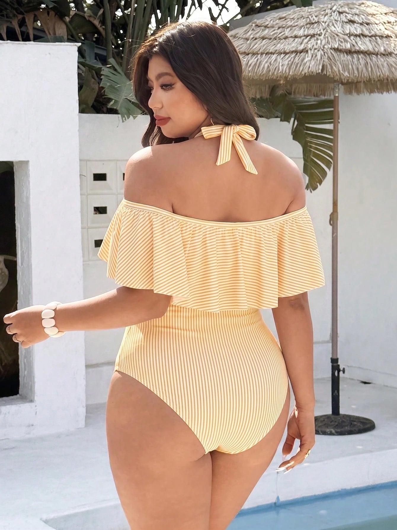 Swim Vcay Plus Size Women's Simple Casual Beach Vacation Blue & White Plaid Random Print Halter Neck Tie Ruffle One-Piece Swimsuit