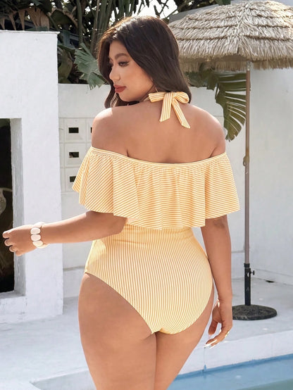Swim Vcay Plus Size Women's Simple Casual Beach Vacation Blue & White Plaid Random Print Halter Neck Tie Ruffle One-Piece Swimsuit