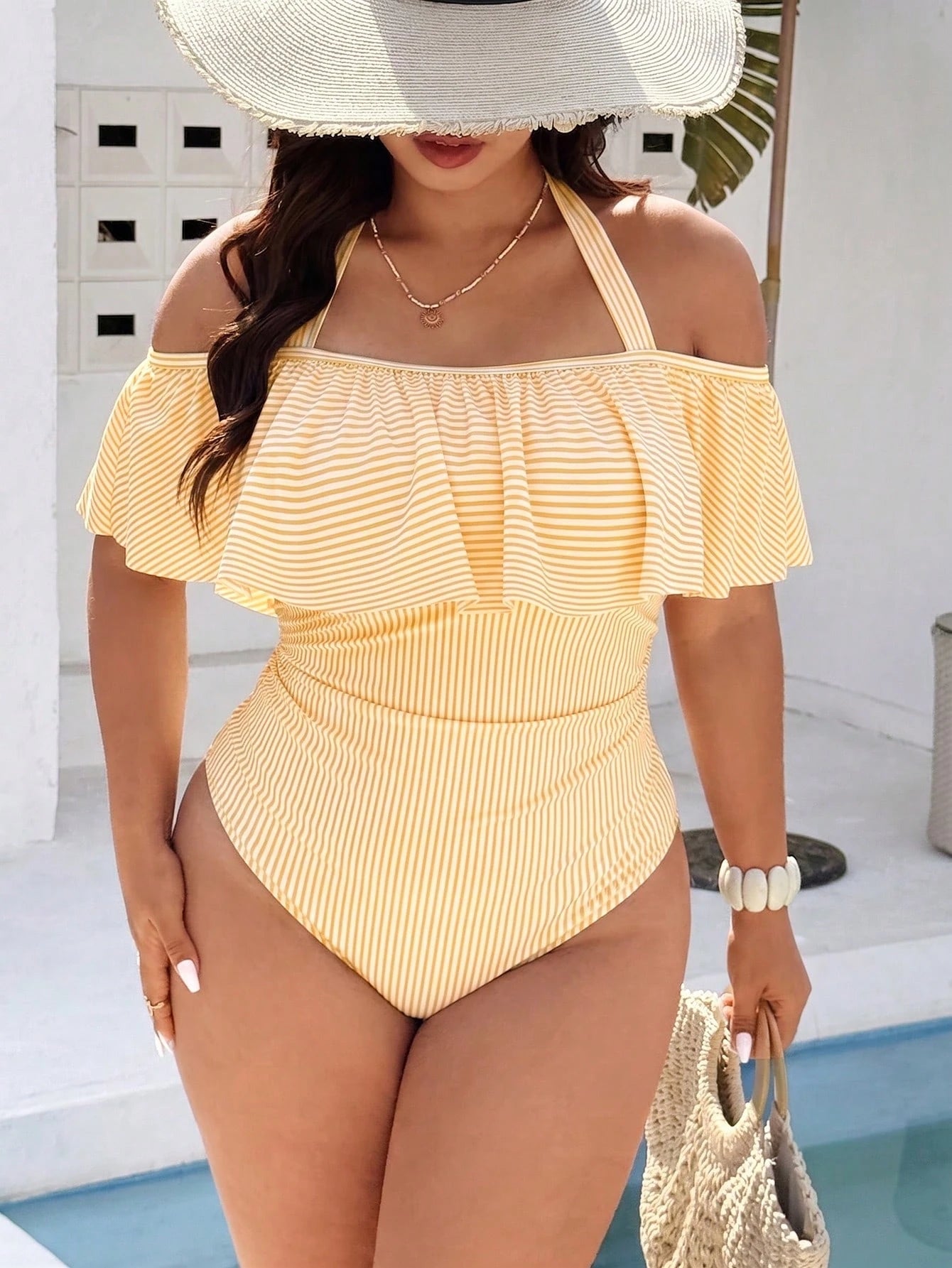 Swim Vcay Plus Size Women's Simple Casual Beach Vacation Blue & White Plaid Random Print Halter Neck Tie Ruffle One-Piece Swimsuit