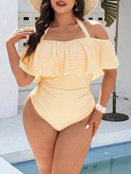 Swim Vcay Plus Size Women's Simple Casual Beach Vacation Blue & White Plaid Random Print Halter Neck Tie Ruffle One-Piece Swimsuit