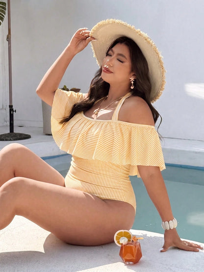 Swim Vcay Plus Size Women's Simple Casual Beach Vacation Blue & White Plaid Random Print Halter Neck Tie Ruffle One-Piece Swimsuit
