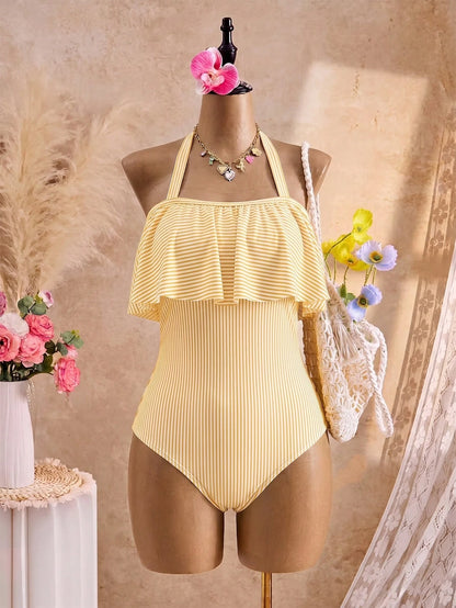 Swim Vcay Plus Size Women's Simple Casual Beach Vacation Blue & White Plaid Random Print Halter Neck Tie Ruffle One-Piece Swimsuit